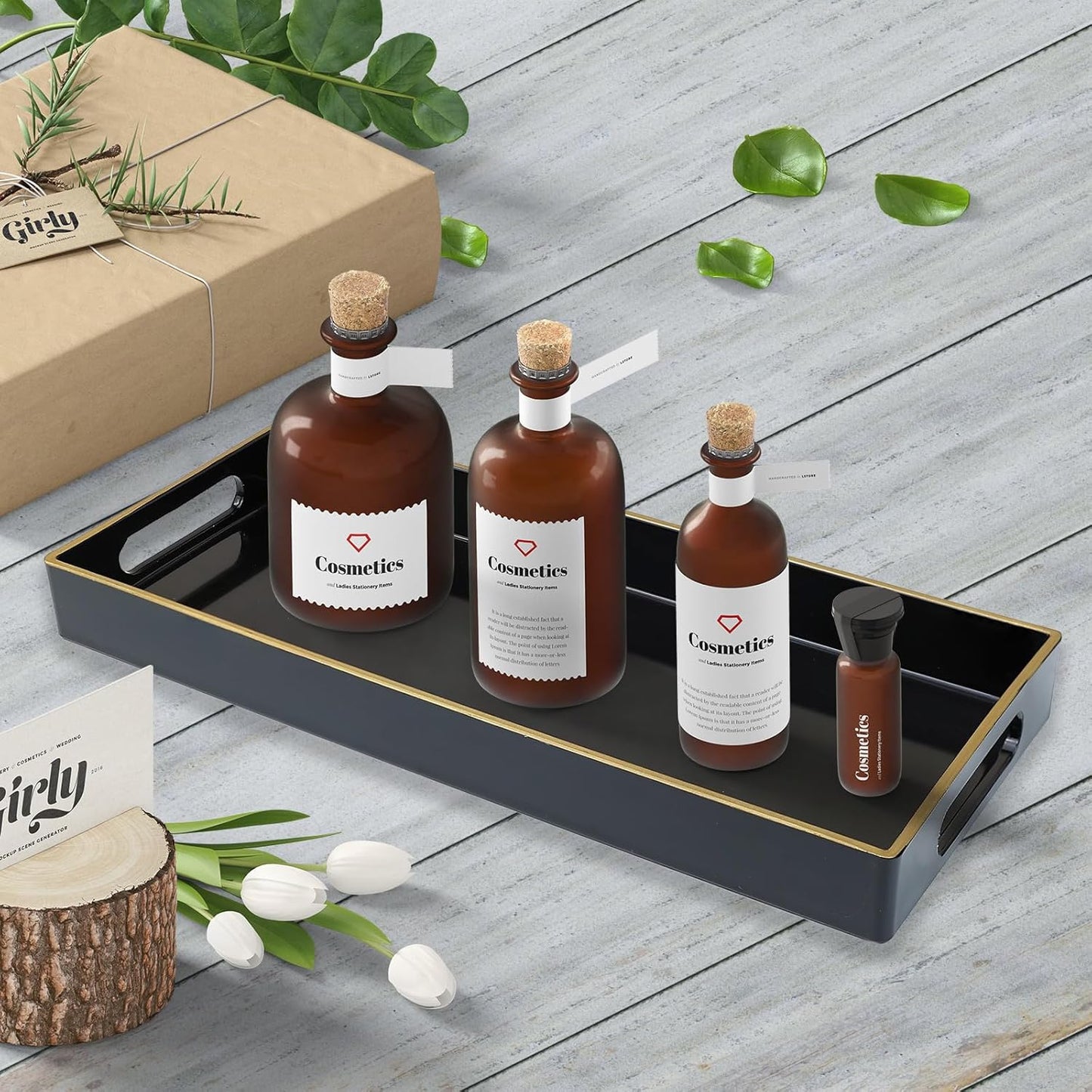 Black Vanity Tray with Handles, Decorative Tray Desktop Storage Organizer for Bathroom, Living Room, 5.9"*13.7"