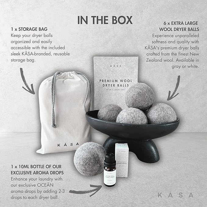 Premium Wool Dryer Balls, Set of 6 XL 100% New Zealand Wool, Natural Fabric Softener, Reusable, Anti Static, Reduces Drying Time, Wrinkles, Pet Hair, Lint