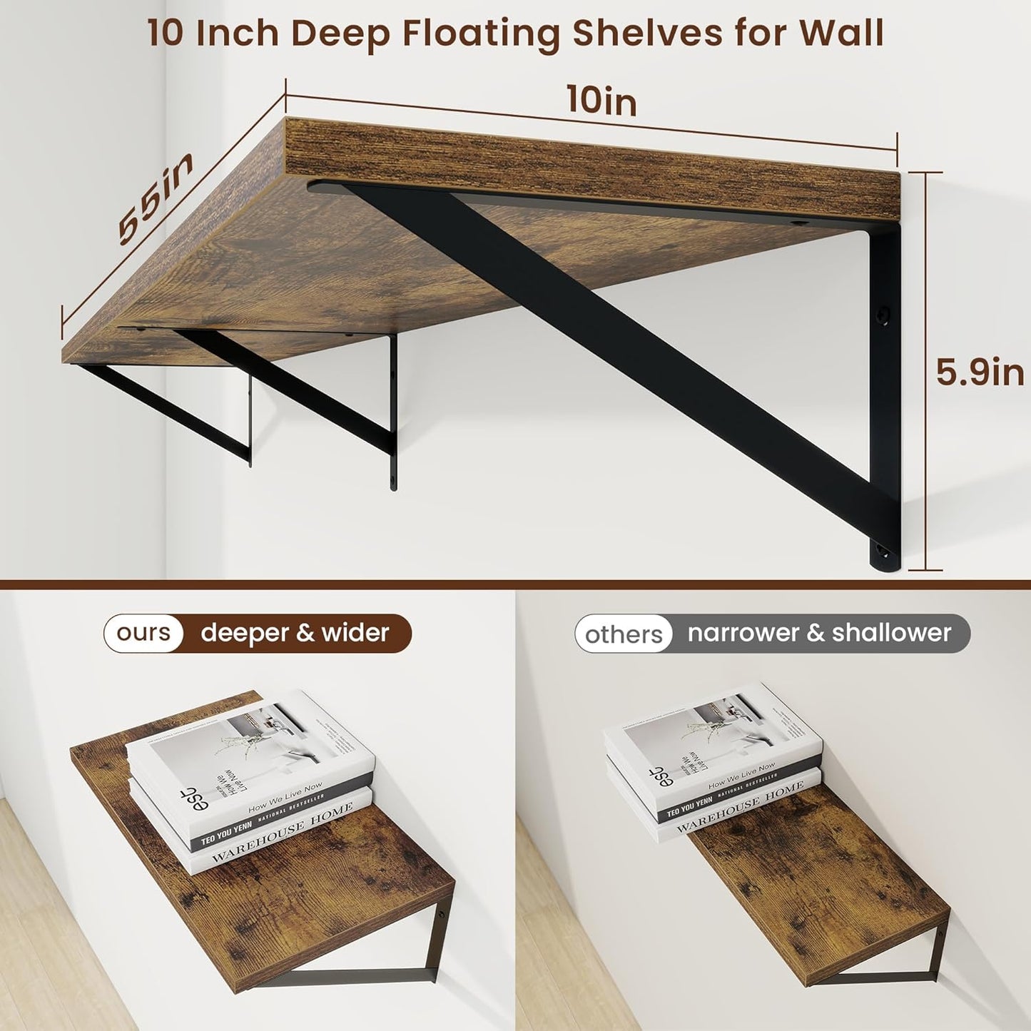 Axeman Deep Floating Shelves for Wall - 55 Inch Wide x 10 Inch Deep Rustic Floating Shelves Set of 2 - Wide Wall Shelves for Living Room Bathroom Bedroom