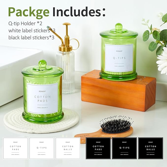 Qtip Holder & Cotton Pad Dispenser, Bathroom Organizer and Storage Canisters, 16oz Glass Apothecary Jars for Kitchen, Restroom - Home Decor Accessories, Room Decor Aesthetic (2 Pack, Green)