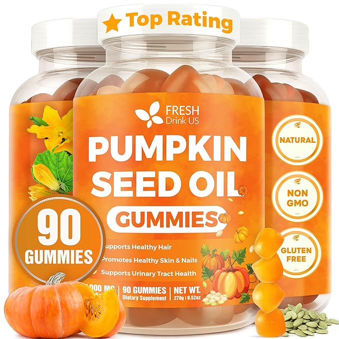 FreshDrinkUS, Premium 90 Pumpkin Seed Oil Gummies For Hair Growth, Youthful Skin, 4000mg Per Serving with Zinc & Vitamin C – Plant-Based, Non-GMO, Sugar/Gluten-Free, Men’s & Women’s Wellness Gummies