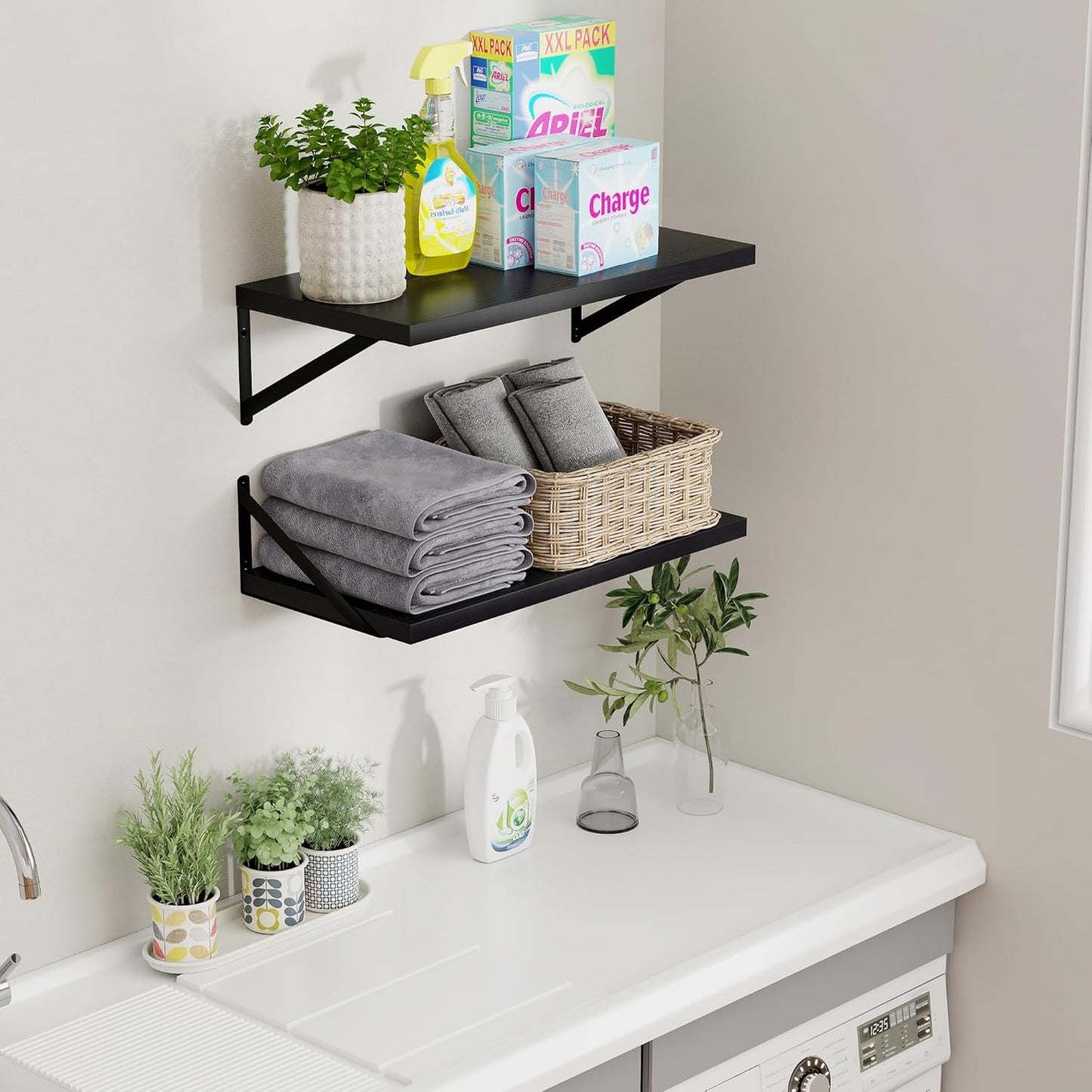 Axeman Floating Shelves for Wall Black- 24 Inch Wide x 12 Inch Deep Wall Shelves Set of 2 - Black Deep Wood Floating Shelves for Living Room Bedroom Laundry Room
