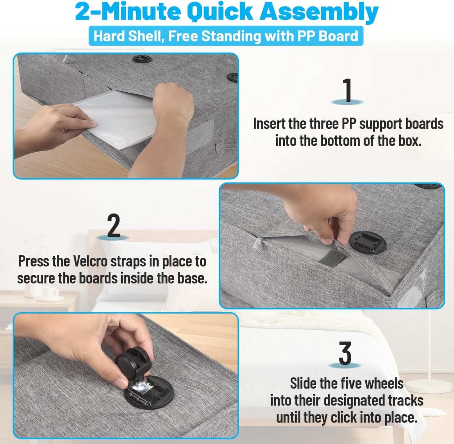 2 Pack Under Bed Storage with Wheels 6.7" Height, Rolling Storage Bins XL 50L, Underbed Shoe Storage Containers with Label & Clear Lid, Dorm Under bed Drawers for Clothes, Shoes, Quick Assembly, Grey