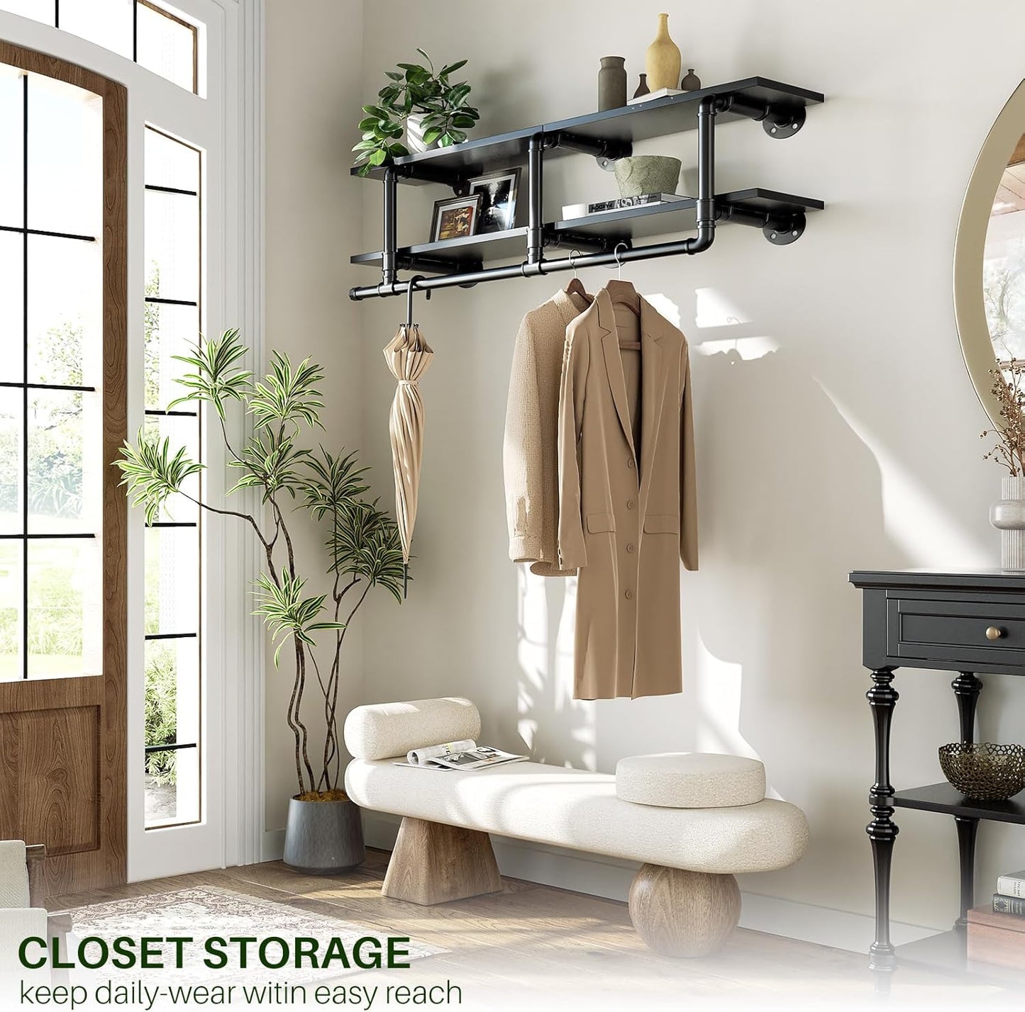 Aheaplus Industrial Pipe Clothes Rack with Top Shelf, 47In Space-Saving Wall Mounted Clothing Rack, 2 Tiers Heavy Duty Pipe Clothing Shelves with Hanging Rod for Laundry Room, Closet Storage, Black