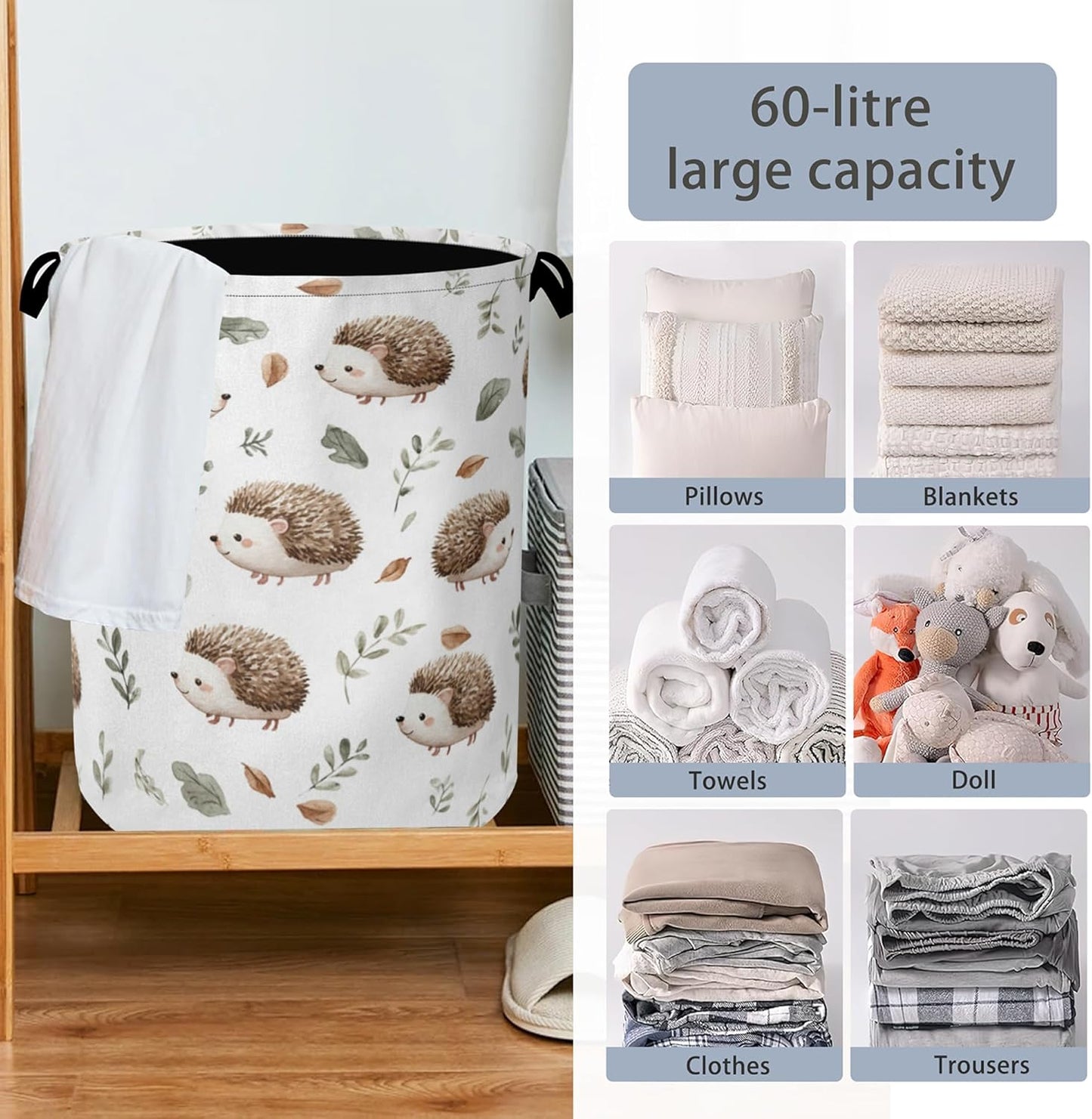 Hedgehog Laundry Hamper,Plant Leaf Dirty Clothes Laundry Basket with Handles Waterproof Oxford Cloth Storage Basket for College Dorms Bathroom Bedroom 16" x 20.8"