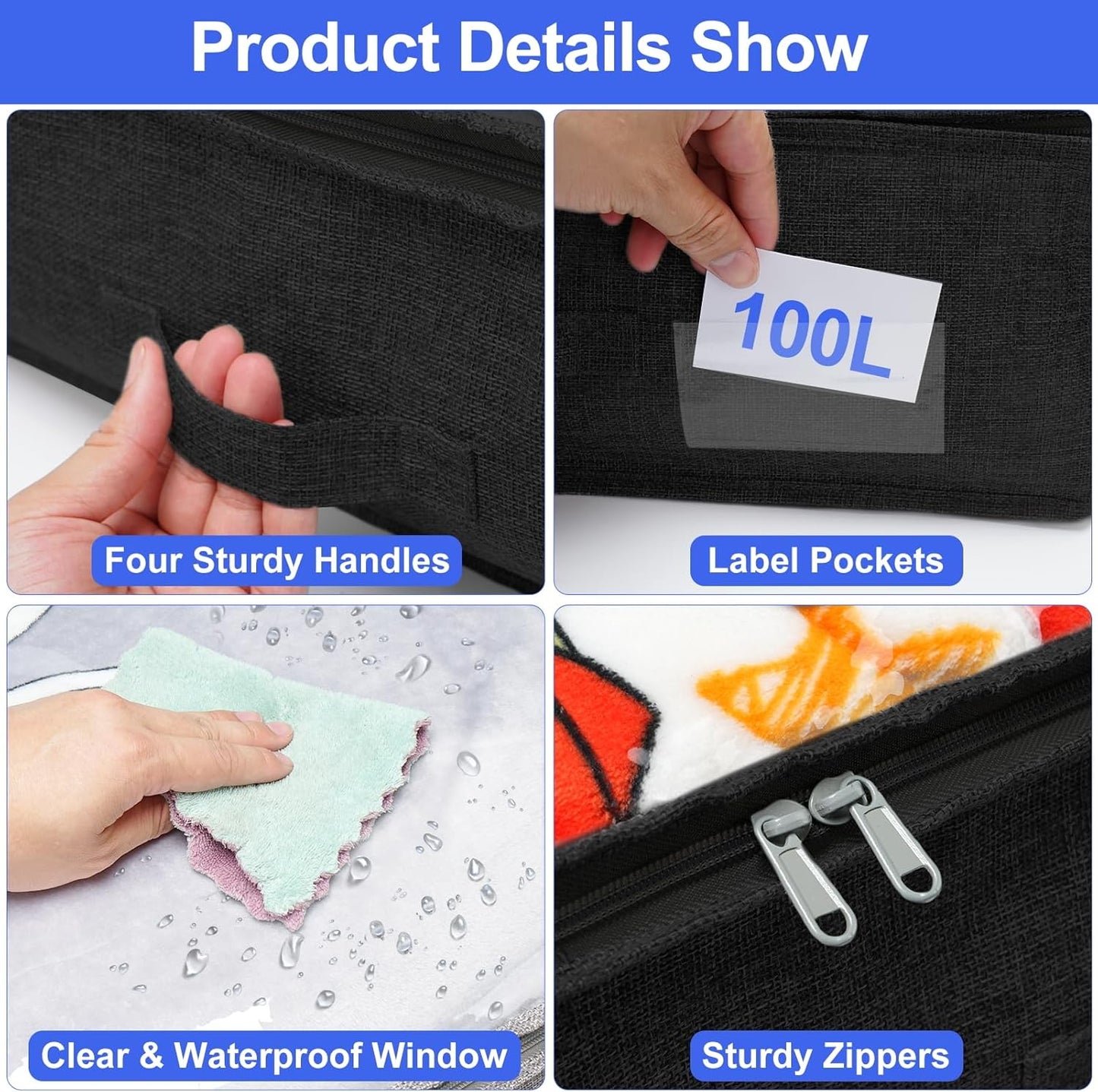 punemi 100L Jumbo Under Bed Storage Containers (No Support) - 6-Pack Foldable Bins, 7.5in Tall Underbed Clothing Storage for Blankets, Comforters, Sweaters & Linen Sheets - Soft-Sided, Black