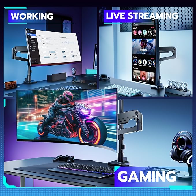 ARES WING Heavy-Duty Monitor Mount for 17-49 inches Ultrawide Curved Flat Monitors, Holds 44lbs, with 18" Extended Column for Desk, Adjustable Gas Spring, Black