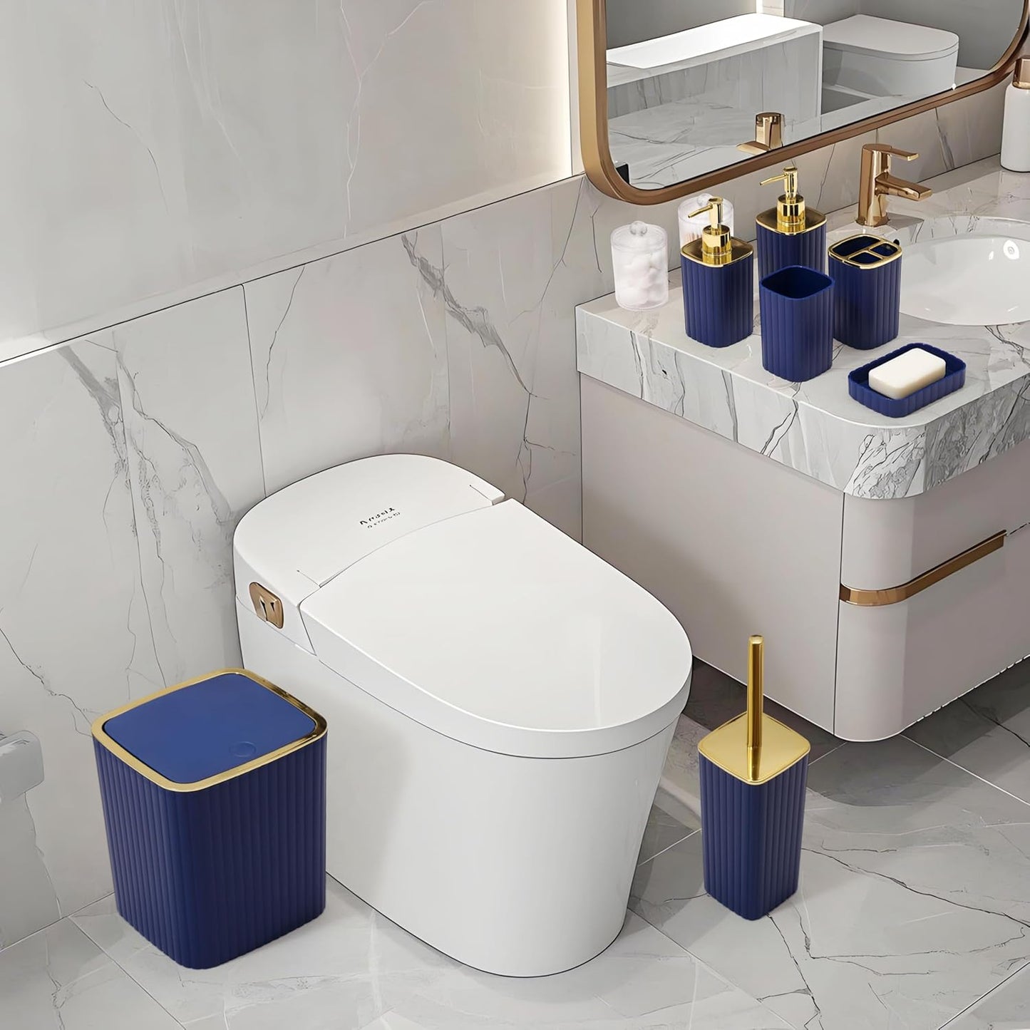 Bathroom Set with Shower Curtain and Rugs- 25PC Blue Bathroom Accessory Set, Navy Blue Shower Curtain Set, Toilet Brush, Trash Can, Qtip Holder Dispenser & Soap Dispenser