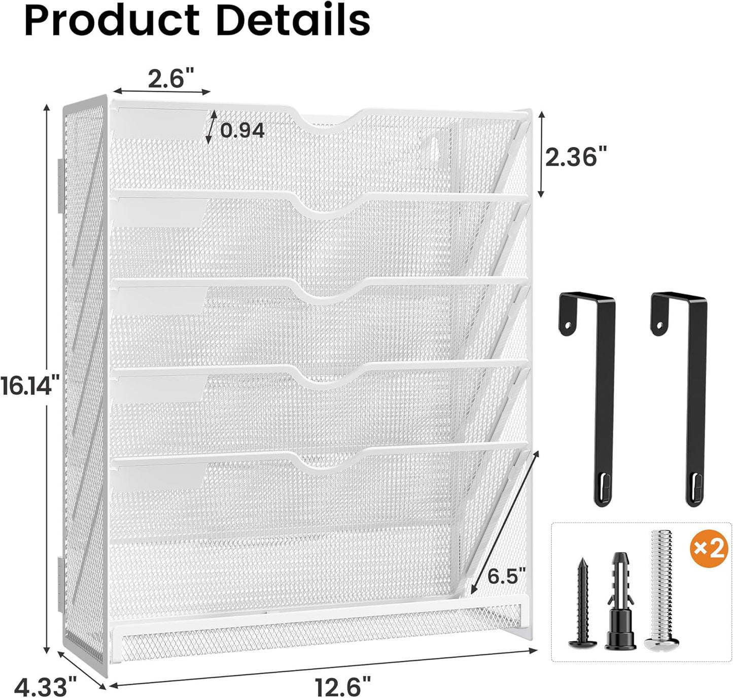 Hanging Wall File Organizer Mesh 6 Tier Wall Mounted Mail Paper Folder Holder Document Organization Stand Desk File Organizer Tray for Office & Home Cubicle Countertop-White