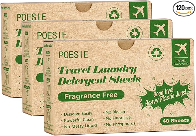 Poesie Laundry Detergent Sheets for Travel Portable Liquidless Cloth Washing Sheets Laundry Strips 3 Box per Pack Total 120 Count Fragrance Free