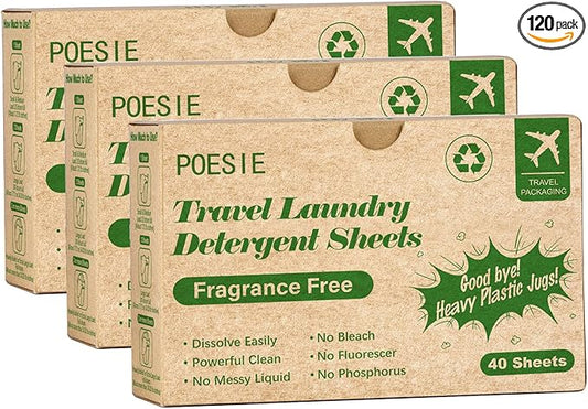 Poesie Laundry Detergent Sheets for Travel Portable Liquidless Cloth Washing Sheets Laundry Strips 3 Box per Pack Total 120 Count Fragrance Free