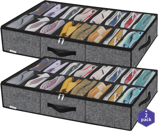 Onlyeasy Sturdy Under Bed Shoe Storage Organizer with Handles and Clear Window Fit 16 to 32 Pairs, Premium Foldable Shoes Container Box for Closet, 37.7x 23.6x 5.9 inch, Cotton-like Black, MXBUBS16P2