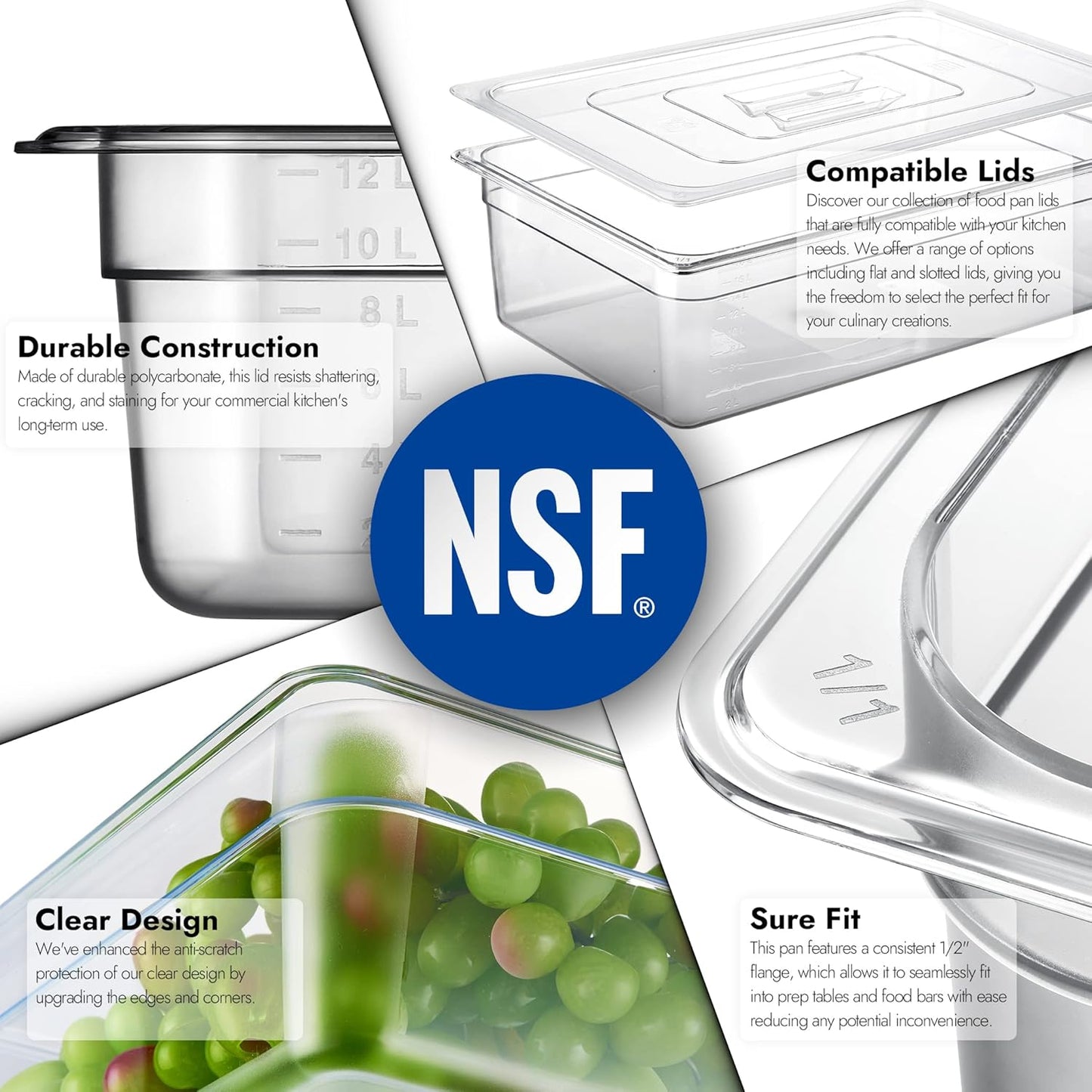 CURTA 6 Pack NSF Food Pans, Full Size 6 Inch Deep, Commercial Polycarbonate Plastic Clear Freezer-Safe