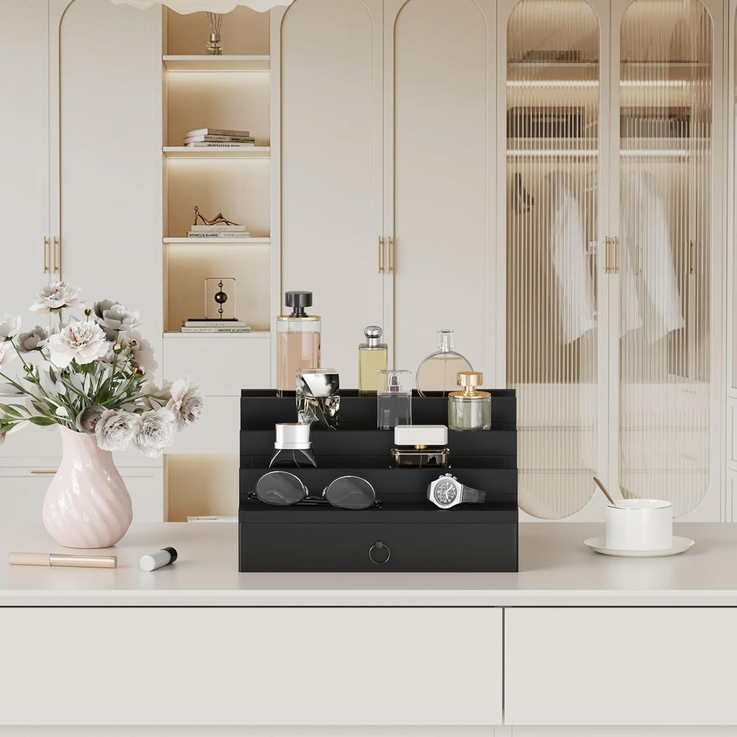 Blisse Cologne/Perfume Organizer, 4-Tier Storage Drawer with Hidden Compartments, Soft-Lined Display Case (Black)