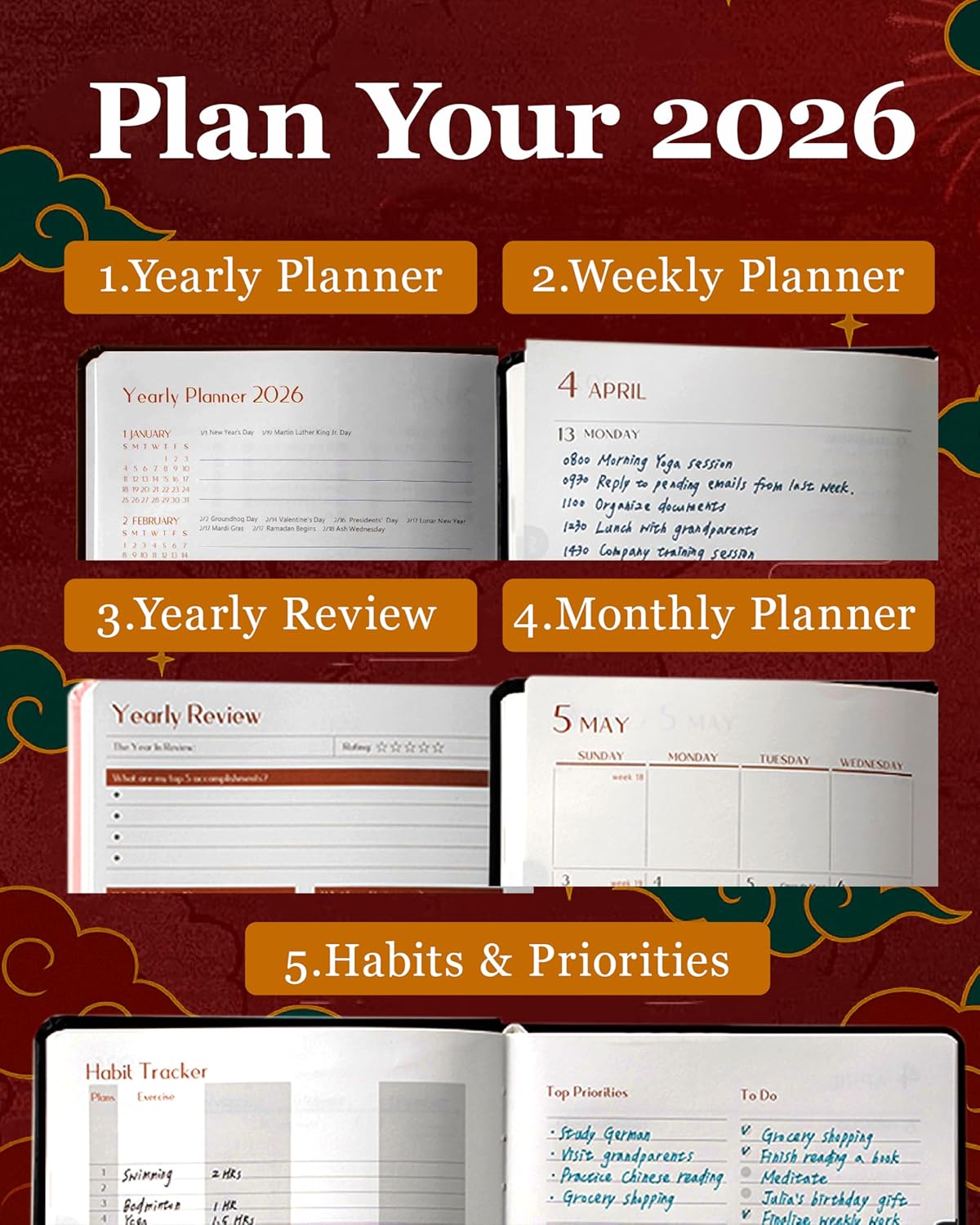 2026 Life Planner with Removable Folder and Elastic Bookmark, Daily Organizer with Forecast, Calligraphy Practice, Habit Tracker, To-Do Lists, and Weekly Layout, Brown