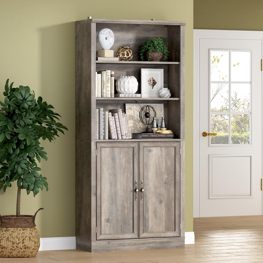 71.4" Tall Bookshelf with Cabinet, 5-Tier Floor Standing Bookcase with Doors & Adjustable Shelves, 31.5" Wide Storage Shelf, Metal Handles, Modern Organizer for Home Office, Living Room