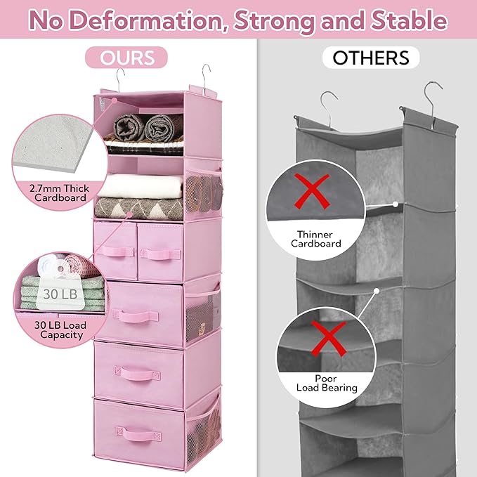 GRANNY SAYS Hanging Closet Organizers and Storage, 6 Shelves Closet Hanging Organizer with 6 Side Pockets, 5 Drawer Storage Organizer, Portable Hanging Shelves for Baby Closet, Pink Shelf