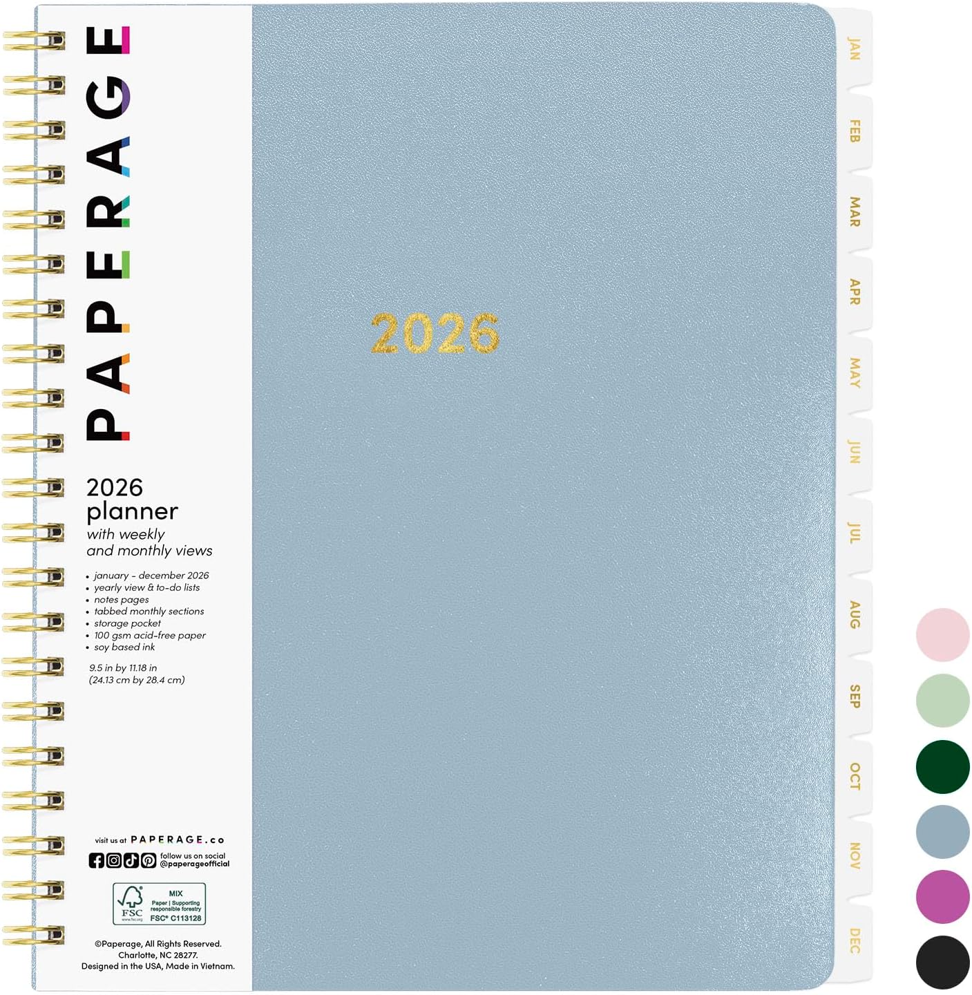 PAPERAGE 2026 Weekly & Monthly Planner, 12 Months (January 2026 - December 2026), 9.2 in x 11.2 in, Spiral Bound 2026 Planner with Weekly, Monthly & Yearly Views, Note Pages & Inner Pocket – Slate