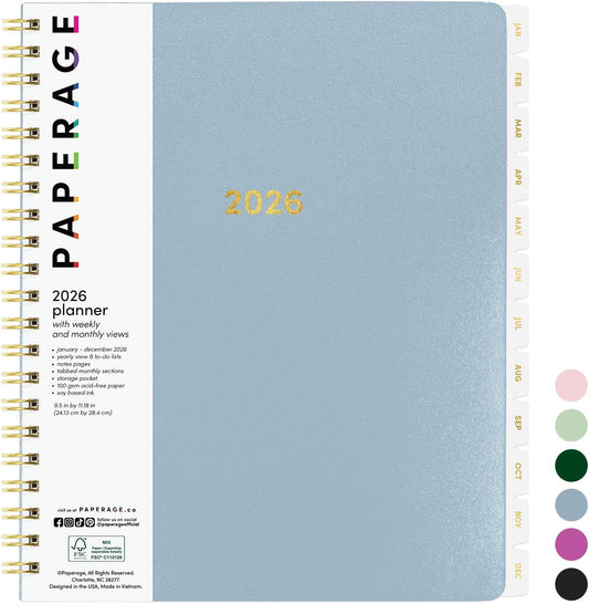PAPERAGE 2026 Weekly & Monthly Planner, 12 Months (January 2026 - December 2026), 9.2 in x 11.2 in, Spiral Bound 2026 Planner with Weekly, Monthly & Yearly Views, Note Pages & Inner Pocket – Slate