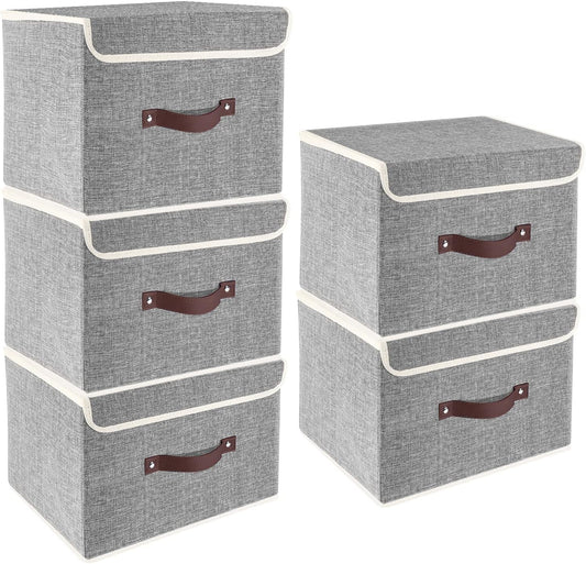 TYEERS Foldable Storage Boxes with Lids 5 Pack Fabric Storage Bins with Lids, Closet Organizers for Clothes Storage, Room Organization, Office Storage, Toys - Gray