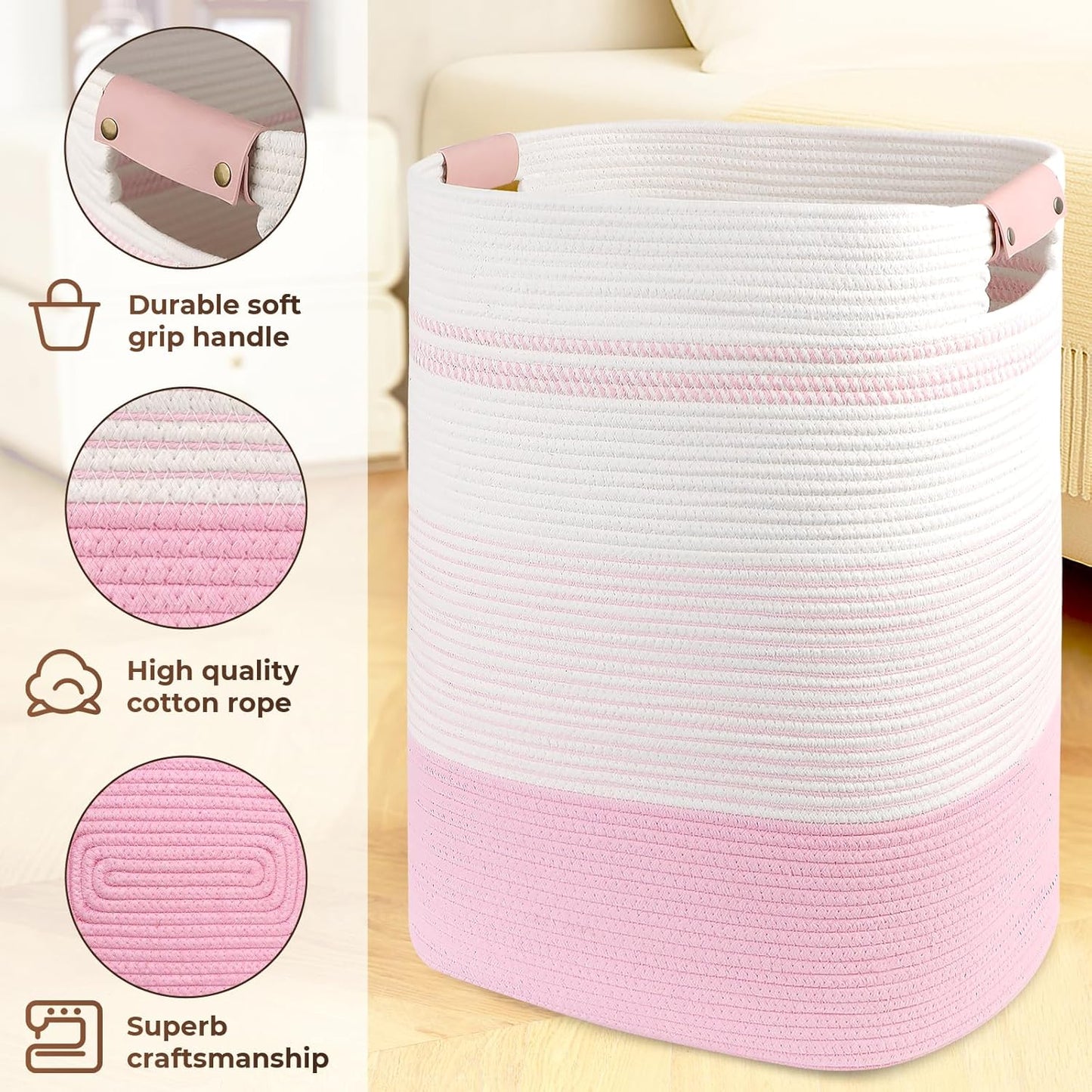 Laundry Basket with Handles - Blanket Basket & Hampers for Bedroom Aesthetic, Laundry Hamper & Blanket Storage for Living Room, Clothes Hamper, Tall, Large 17" x 14" x 22”, Pink & White