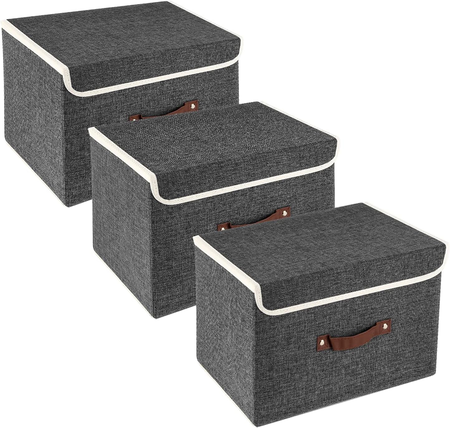 TYEERS Collapsible Storage Boxes, Washable Fabric Storage Bins with Lids, 14.9x9.8x9.8 inches, 3 Pack, Black