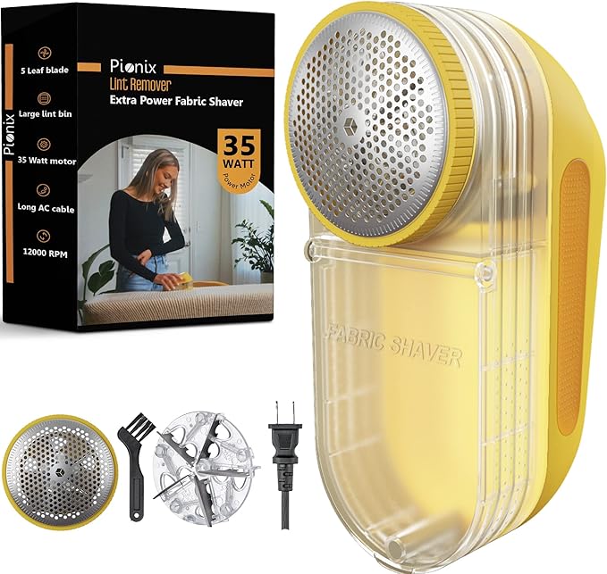 Pionix Extra Power Fabric Shaver - 35W Electric Lint Remover for Clothes/Upholstery/Furniture/Couch - Speed of 12000 RPM - Heavy Duty Sweater Shavers to Remove Pilling - Large Fuzz Remover Yellow