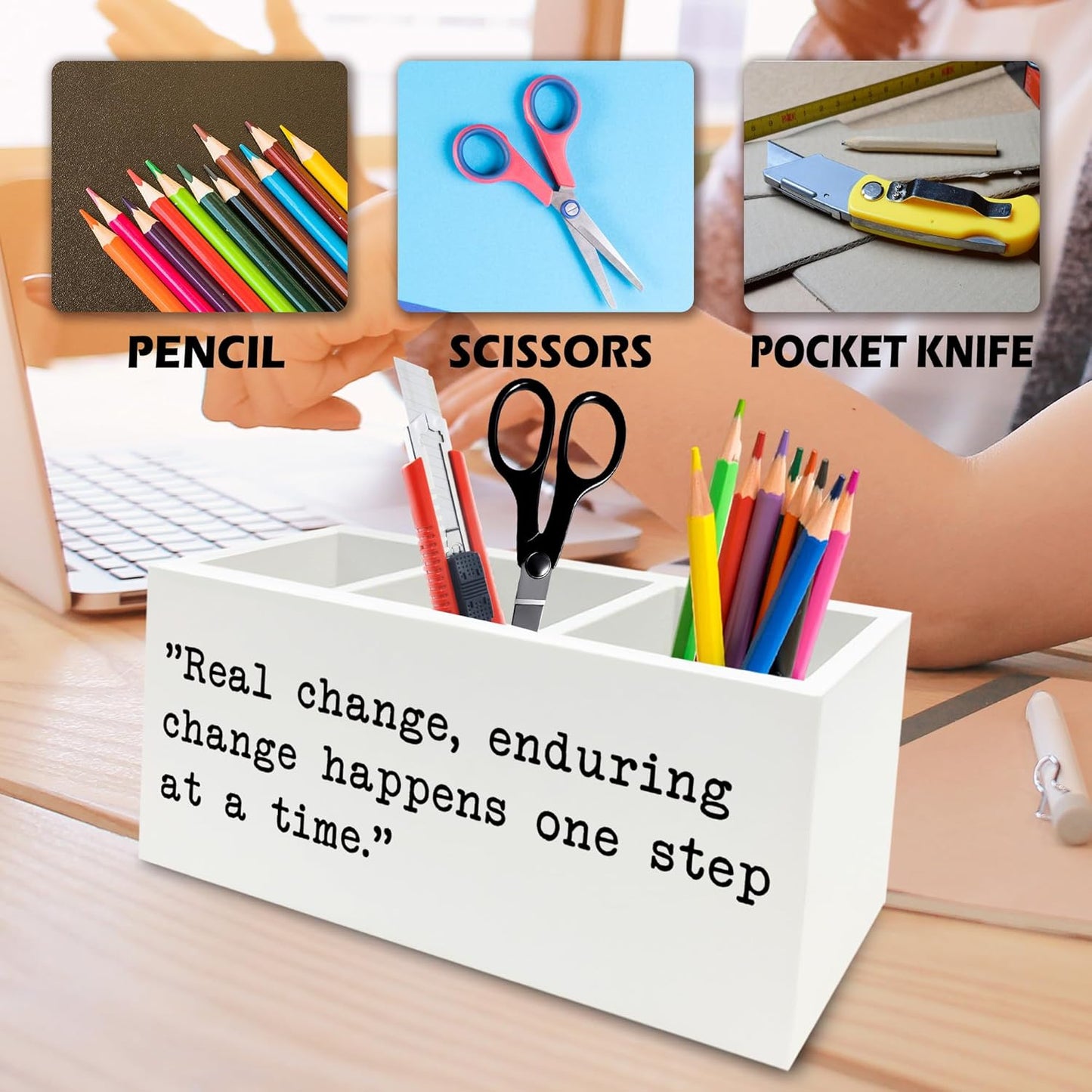 Inspirational Gifts Pen Pencil Holder Organizer for Desk, Inspirational Gifts for Women Men Wooden Box Signs Decorations for Home Office Desk Tabletop, Motivational Decor
