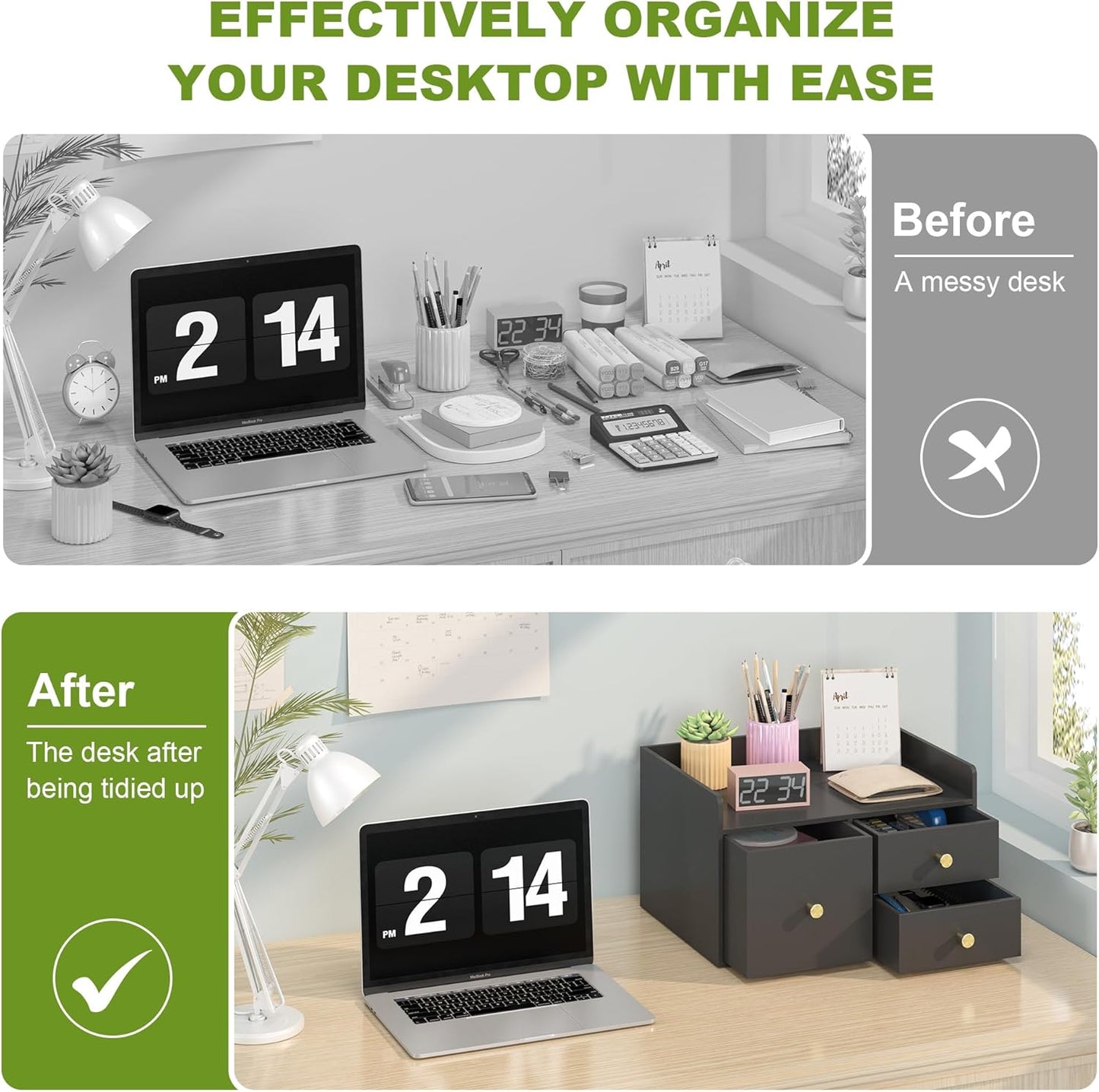 Bamboo Desk Organizer with Drawers Wooden Desktop Storage Drawers for Bills Office Supplies Kitchen Utensils Organizing Tool for Home Classroom Organization No Assembly (3 Drawer, Black)