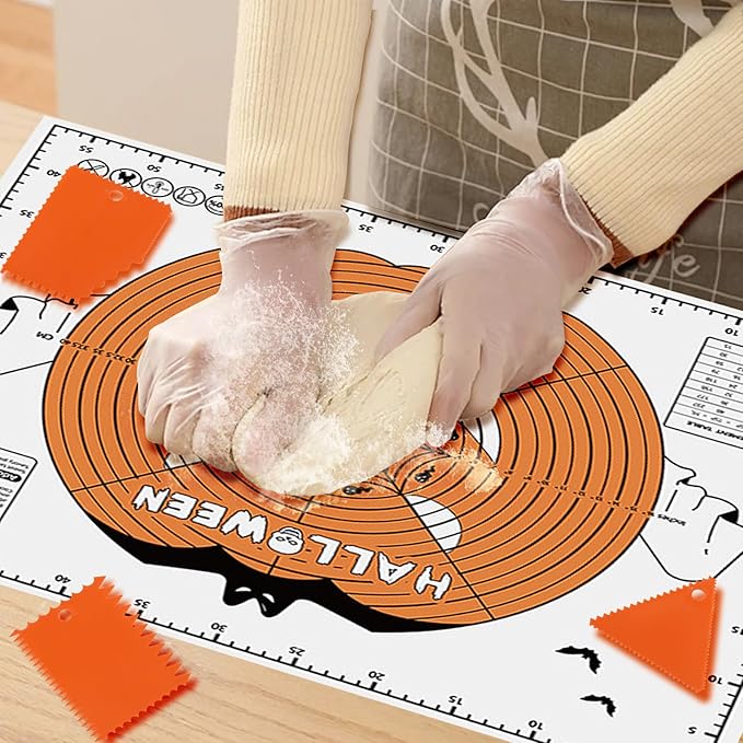 Halloween Silicone Baking Mat Set - 24"X18" Dough Mat With Measurements And 3 Dough Scrapers, Non-Stick Reusable Pastry Mat For Rolling, Kneading, Cookie Bread Pizza Making