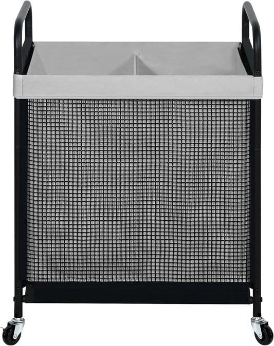 STO STO Laundry Hamper 2 Section, 100L Rolling Laundry Sorter Cart with Removable and Washable Liner Bag, Rolling Clothes Hamper with Metal Handle for Laundry Room and Bedroom, Gray