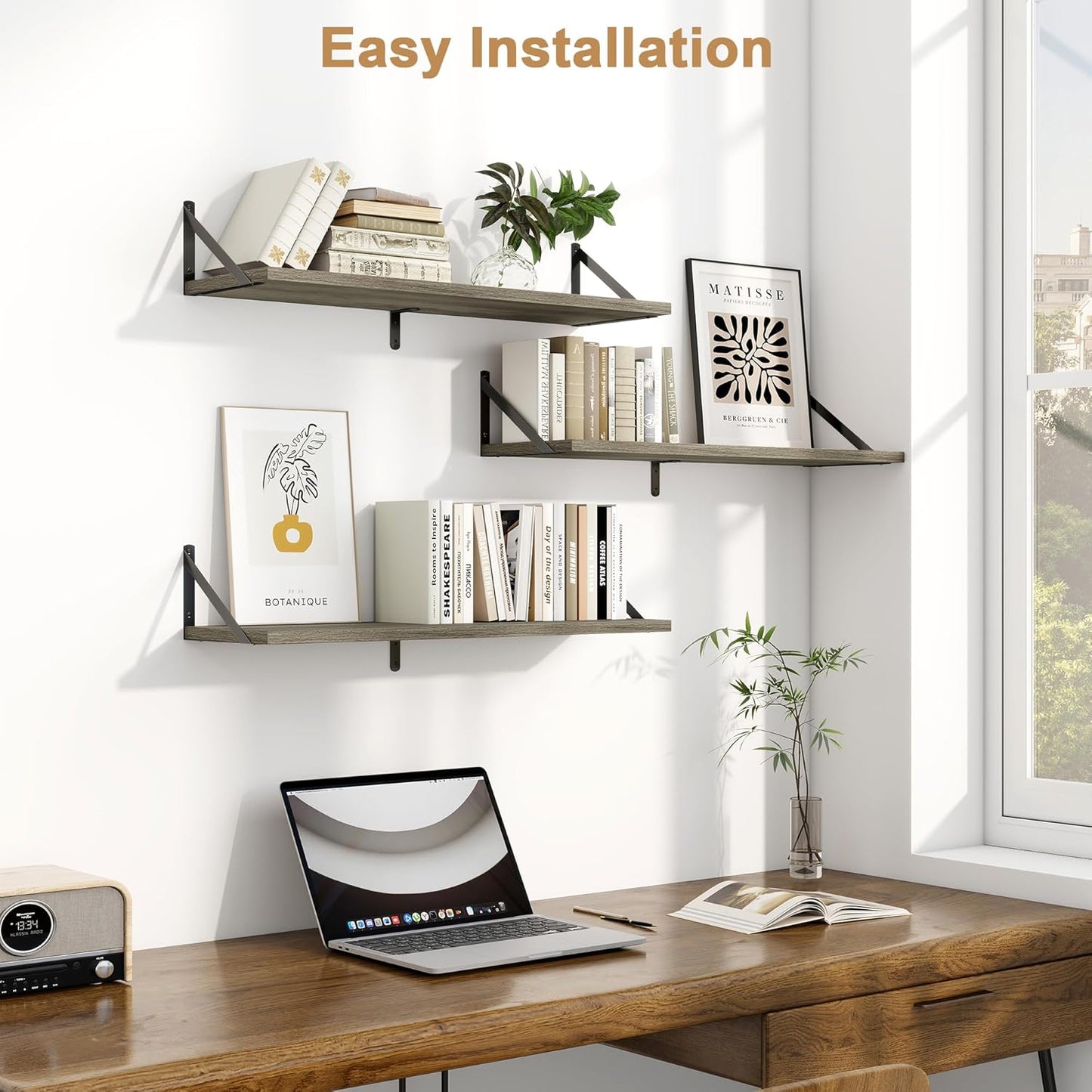 Fun Memories Floating Shelves, 32 x 8 Inches, Set of 3 Wall-Mounted Bookshelves with Metal Brackets, Decorative Storage for Home and Office (Grey)