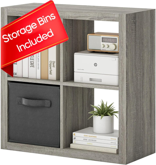 furtble Bookshelf with Storage Bin, 4-Cube Storage Organizer, Modern Wood Open Bookcase, Multifunctional Display Shelf for Living Room, Bedroom, Home Office, Gray Oak