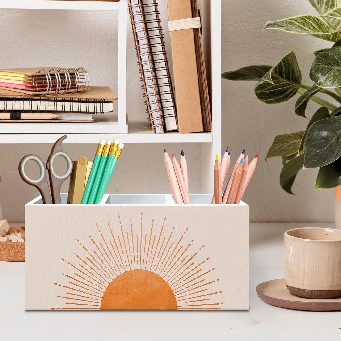DILSJ Boho Abstract Sunshine Pen Pencil Holder Organizer for Desk, Boho Office Decor, Mid Century Modern Minimalist Sun Sunset Sunshine Wooden Box Signs for Home Office Desk Tabletop Decoration