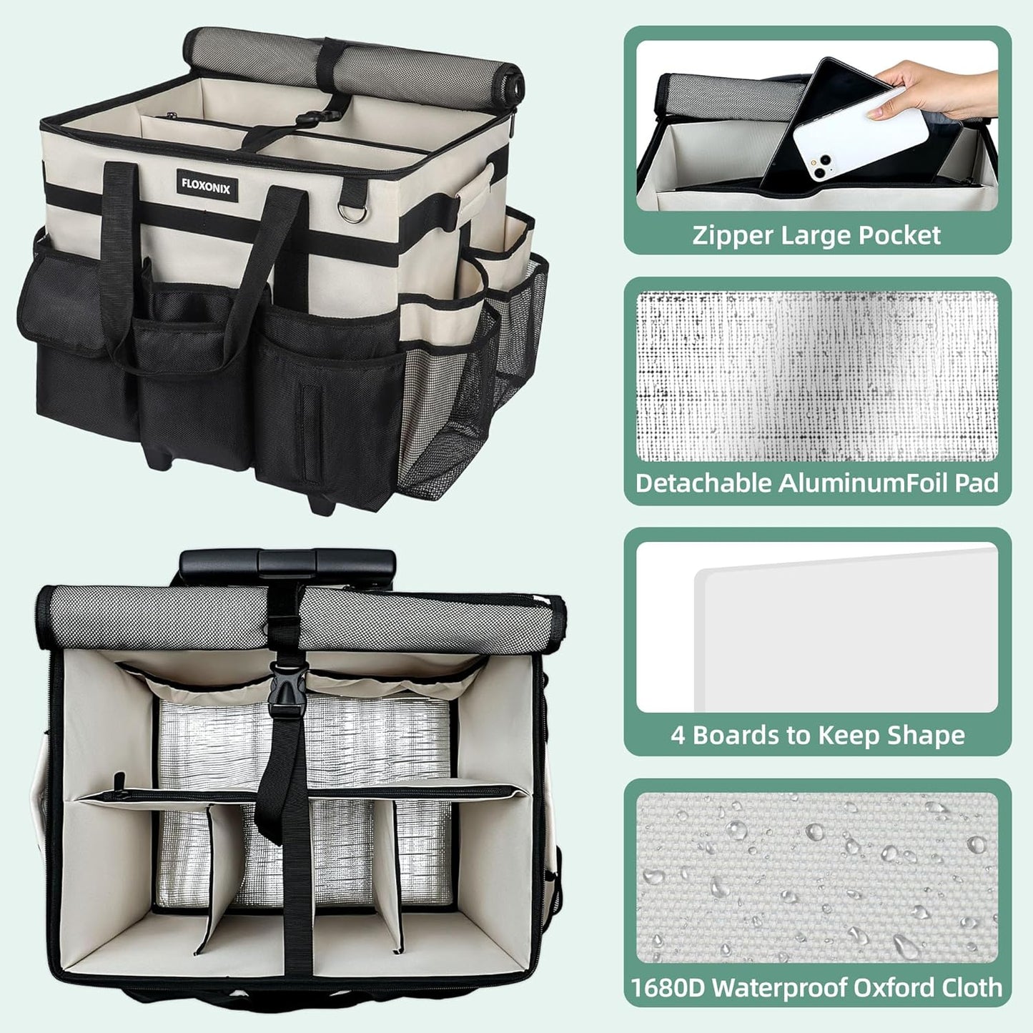 Large Rolling Cleaning Caddy Bag with Wheels, with Detachable Trolley, Cleaning Bags on Wheels for Housekeepers, Cleaning Cart Supplies Organizer for Home, Car, Picnic (Beige)