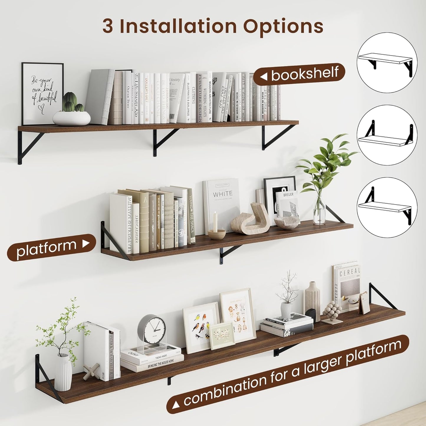 Axeman Deep Floating Shelves for Wall - 55 Inch Wide x 10 Inch Deep Walnut Floating Shelves Set of 2 - Wide Wall Shelves for Living Room Bathroom Bedroom