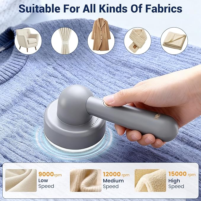 DBC Fabric Shaver, Lint Remover for Clothes with 3-Speeds and 6-Leaf Blades, 2hours runtime, 2 Replaceable Blades, Battery Operated, Sweater Shavers to Remove Pilling for Clothing, Lint Ball - Grey