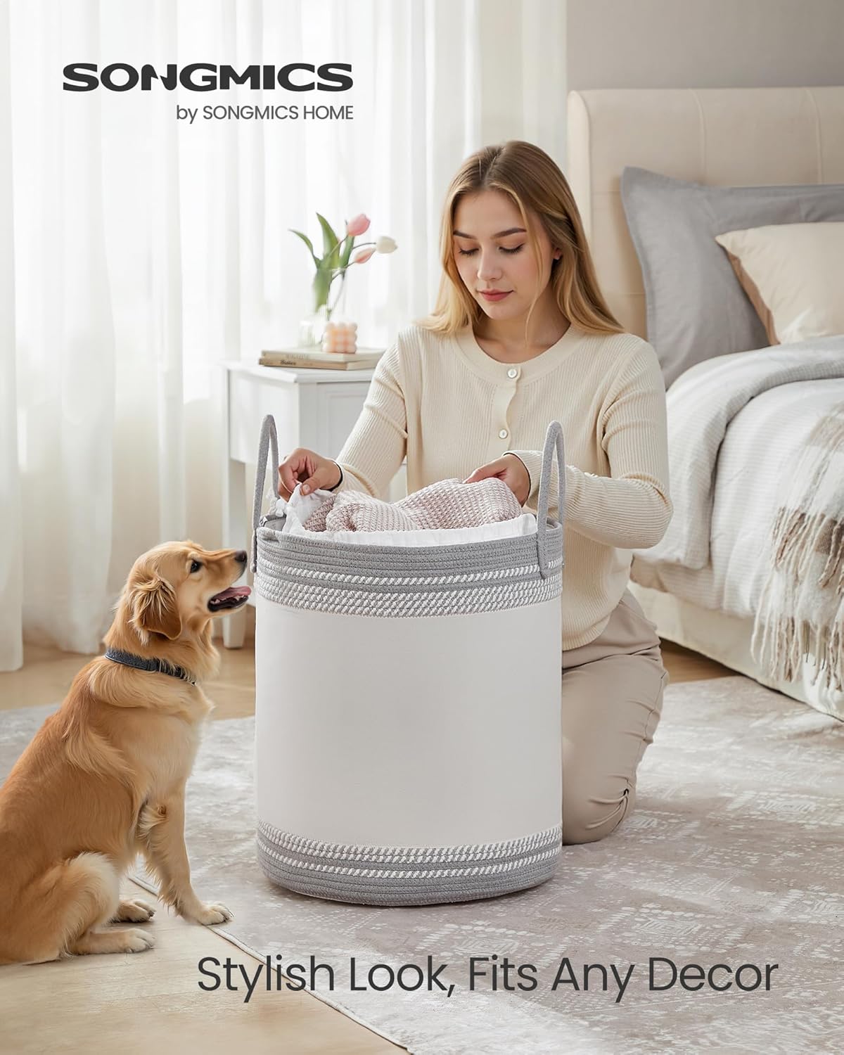 SONGMICS Laundry Hamper 60L, Laundry Basket with Handles, Laundry Bag with Lid, Cotton Rope, Drawstring, for Clothes, Blankets, Living Room, Bedroom, Dove Gray URLH060G01