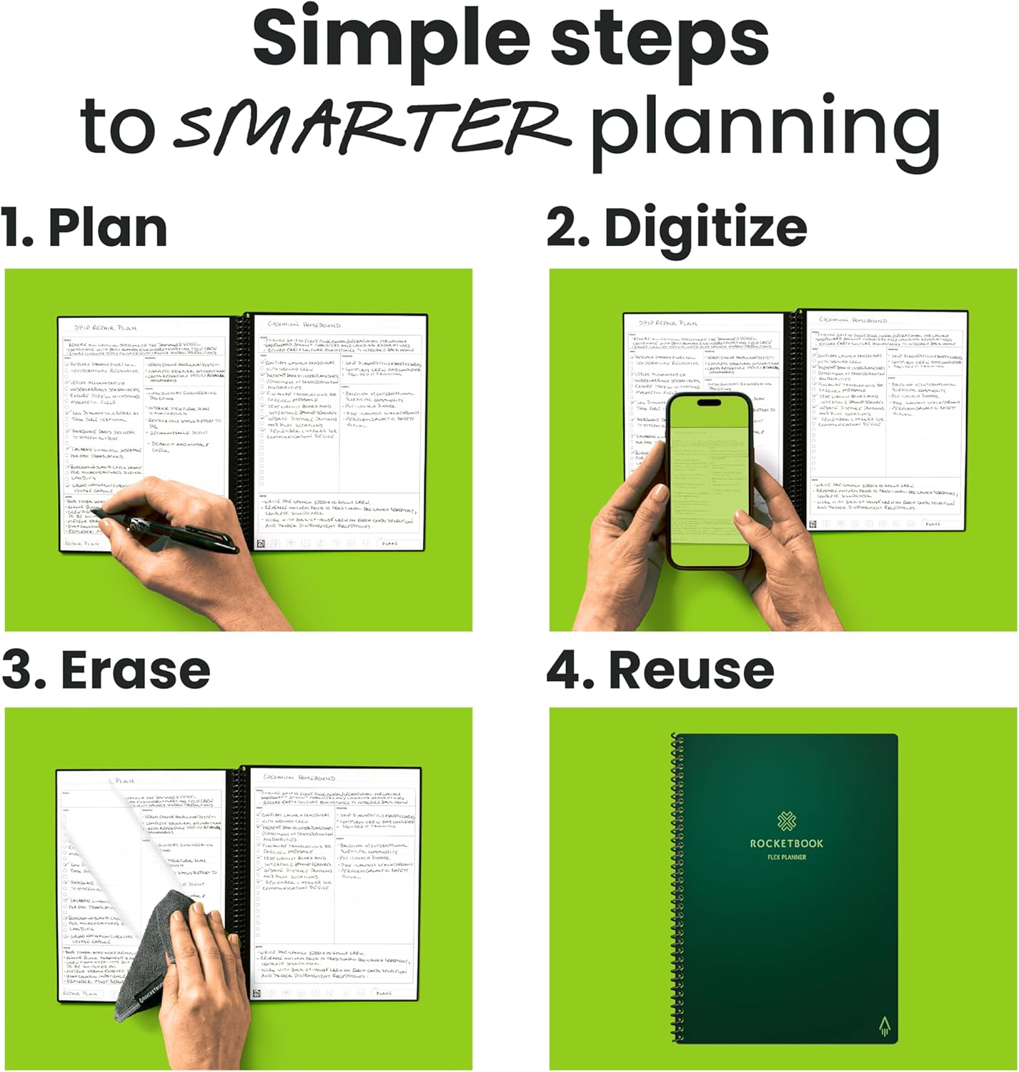 Rocketbook Flex Reusable Planner, Smart Undated, Daily, Weekly, Monthly, Annual Calendar Templates, Letter Size 8.5x11, Green (Pack of 1)