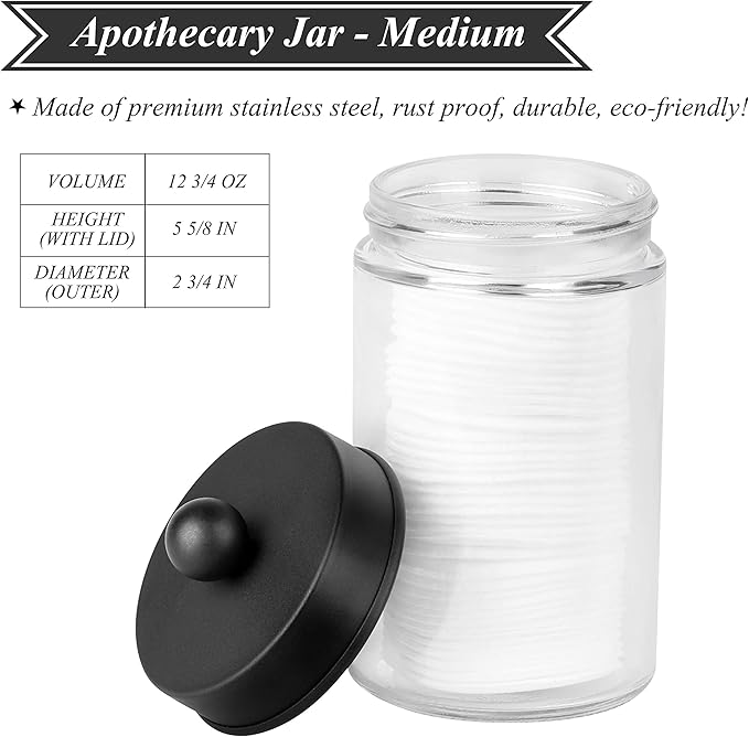 Apothecary Jars 3 Pack - Glass Bathroom Containers with Stainless Steel Lids - Rustic Farmhouse Decor Bathroom Accessories, Vanity Organizer Apothecary Jars for Qtip/Cotton Balls (Matte Black)