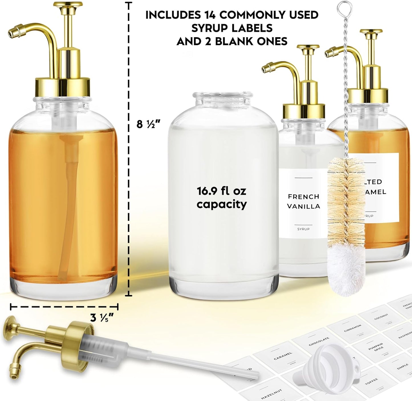 Coffee Syrup Dispenser with Pump - Includes 24 Flavor Labels - Glass Syrup Dispenser for Coffee Bar - Elevate your Beverage Station with 16.9 fl oz Flavoring Container Bottles, 4pcs, Gold