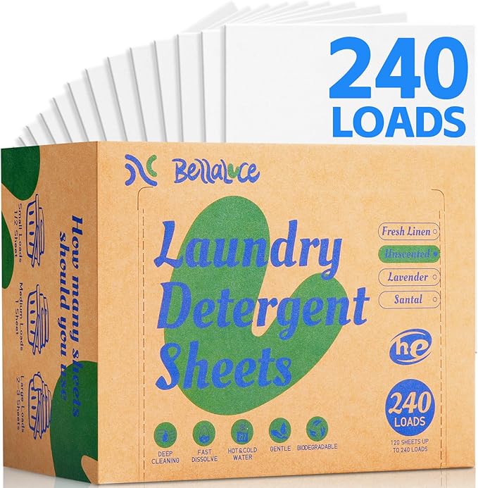 Laundry Detergent Sheets - 240 Loads Unscented Gentle on Sensitive Skin, Laundry Sheets for Dorm,College,Home, Hotel,Apartment,Camping,Cruise,Road Trip,Small space, Family School Travel Essentials