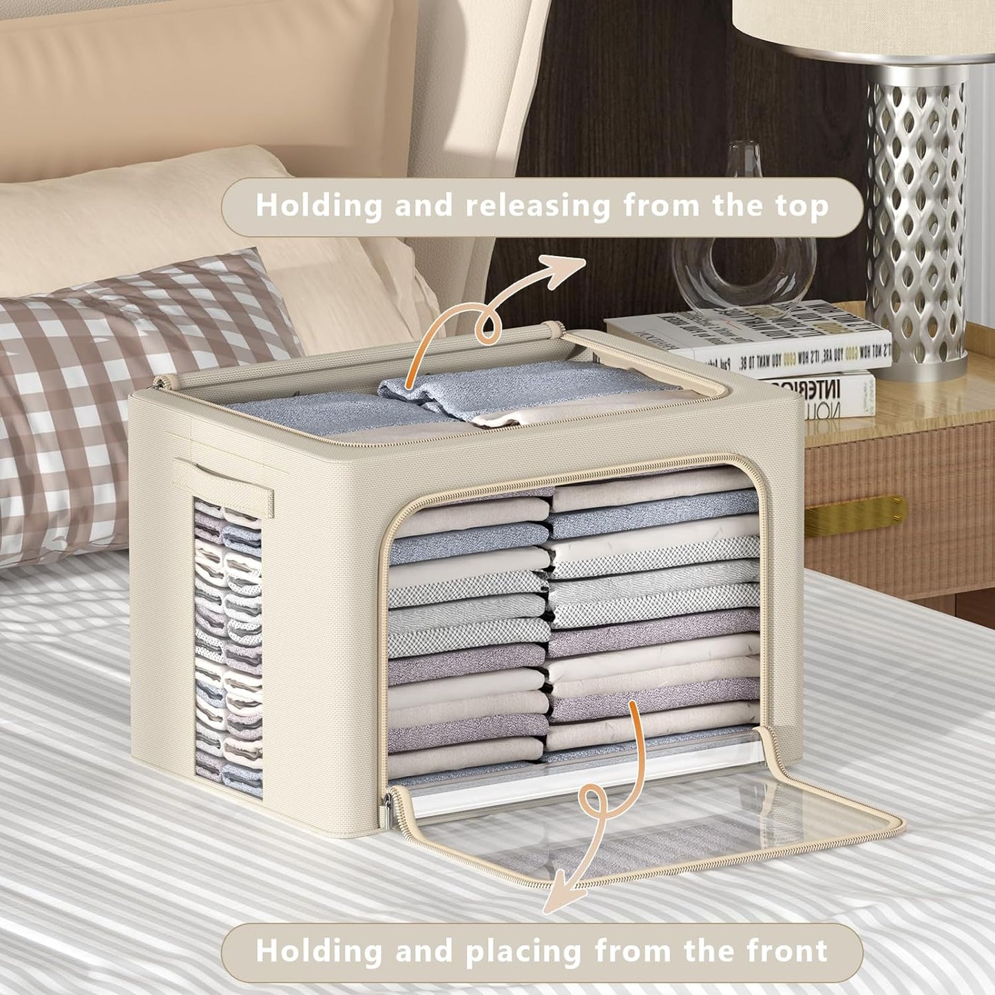 3Pack Frame Storage Box - Clothes Storage Bin Bags Oxford Fabric Foldable Stackable Container Organizer Set with Clear Window & Carry Handles (Beige, X-Small-36L)