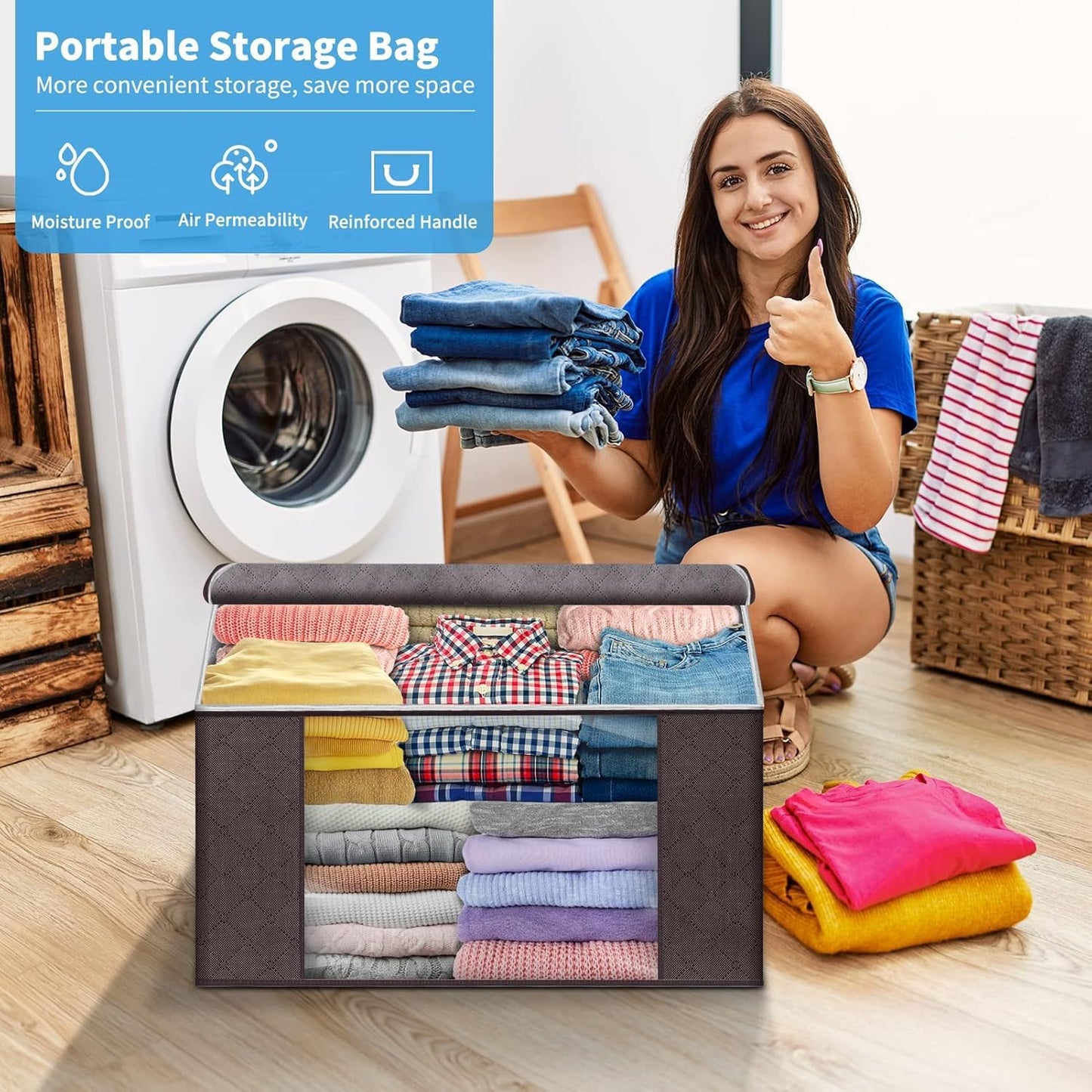 Budding Joy Clothes Storage, Foldable Large Blanket Bags, Storages and Organization for Clothing, Blanket, Comforter, Clothes, Pillows, Toys, Closet Organizers with Enhanced Handle, 60L 6 Pack Brown