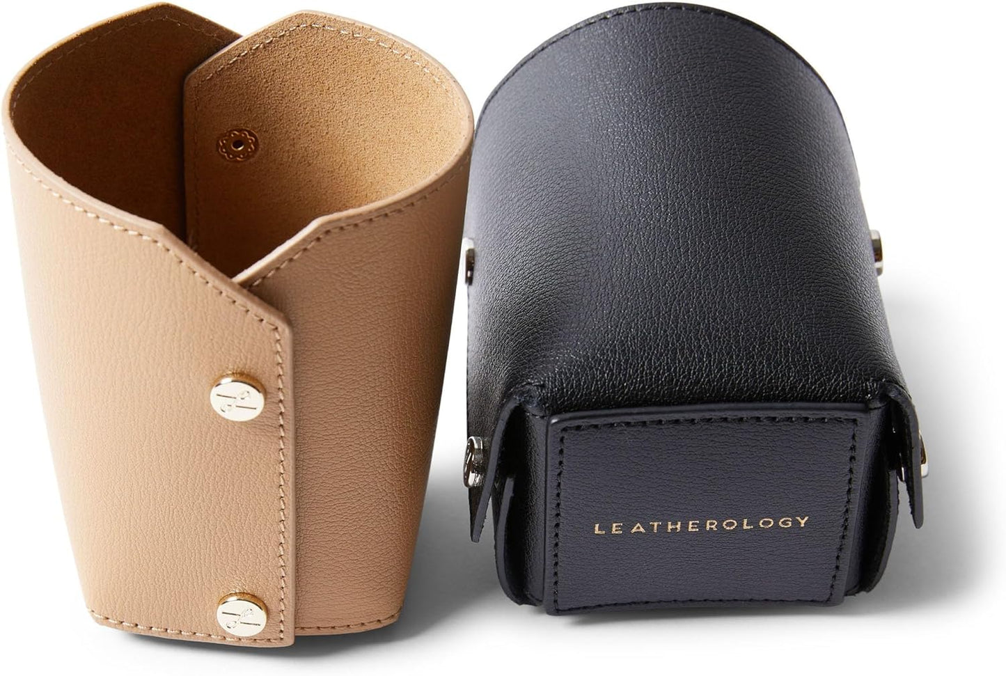 Leatherology Premium Tan Modern Pencil Cup – Leather Desk Organizer with Snap Construction, Lays Flat for Travel, Minimalist Portable Design with Suede Interior