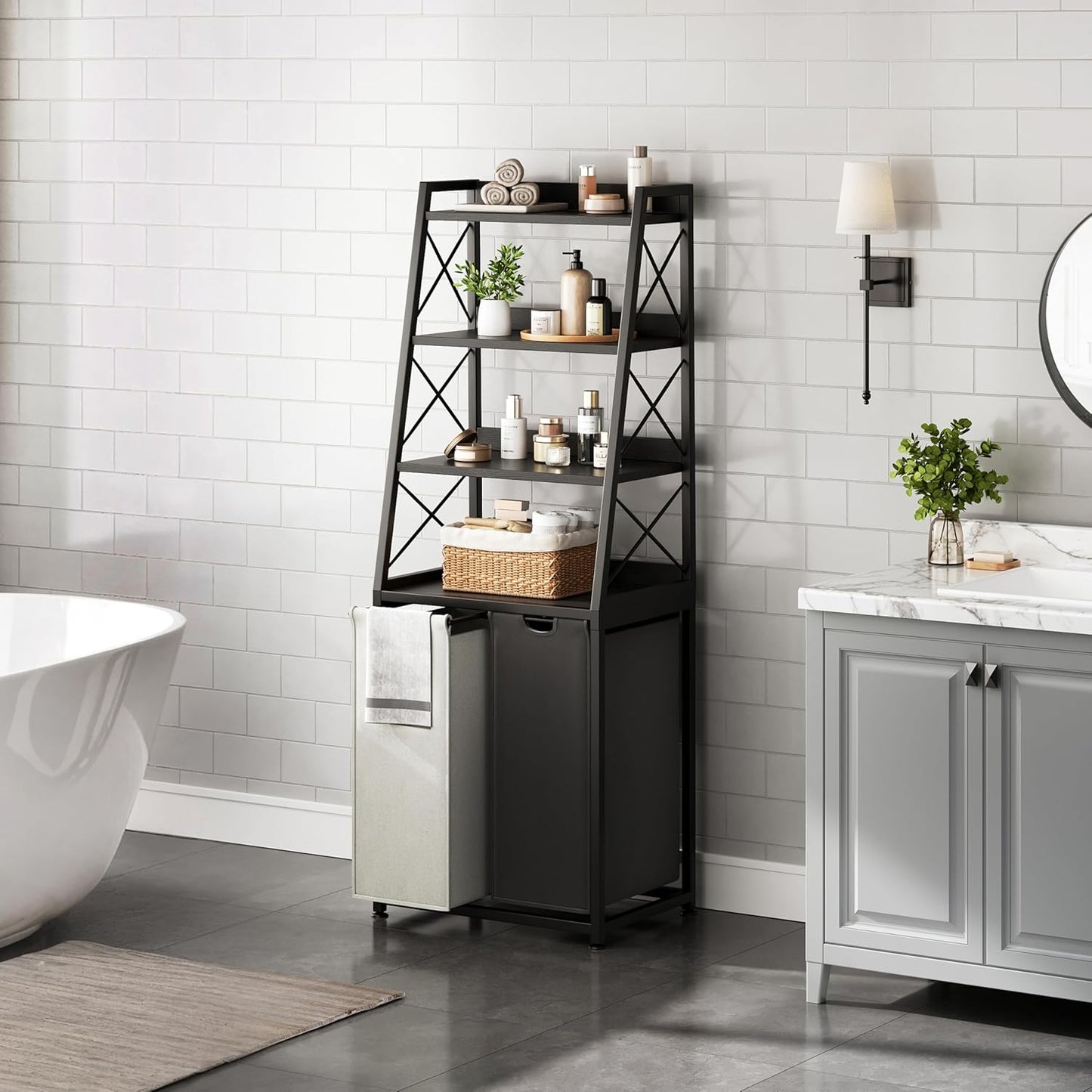 Laundry Basket, 2 Section Laundry Hamper with 4 Tiers Shelf, Pull-Out and Removable Laundry Bags, Large 2 x 15.87 Gallons, for Bedroom Bathroom Black PF11XLK