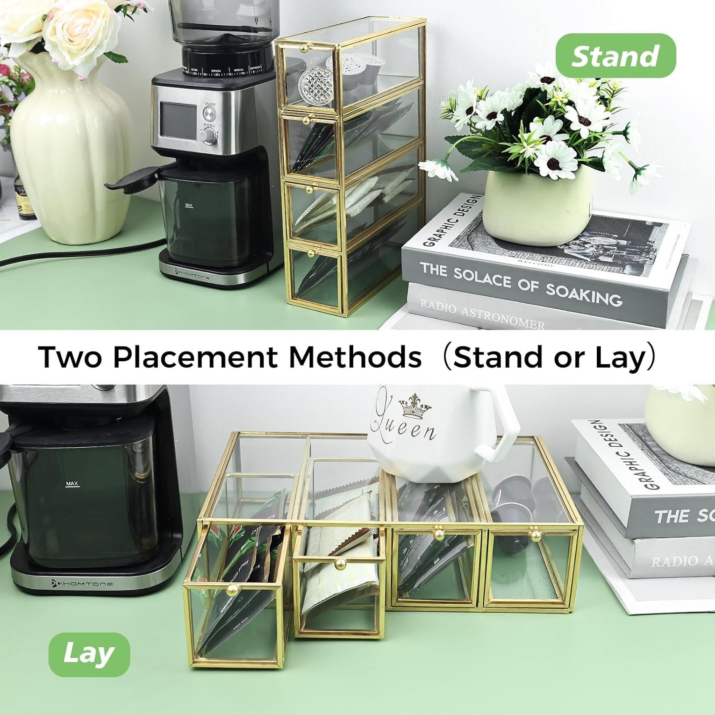 HighFree Gold Glass Coffee Pod Organizer with 4 Drawers, Clear Storage Glass Box for K-Cups, Tea Bags, Sugar Packets, Counter Top Collection Display Holder for Home, Office