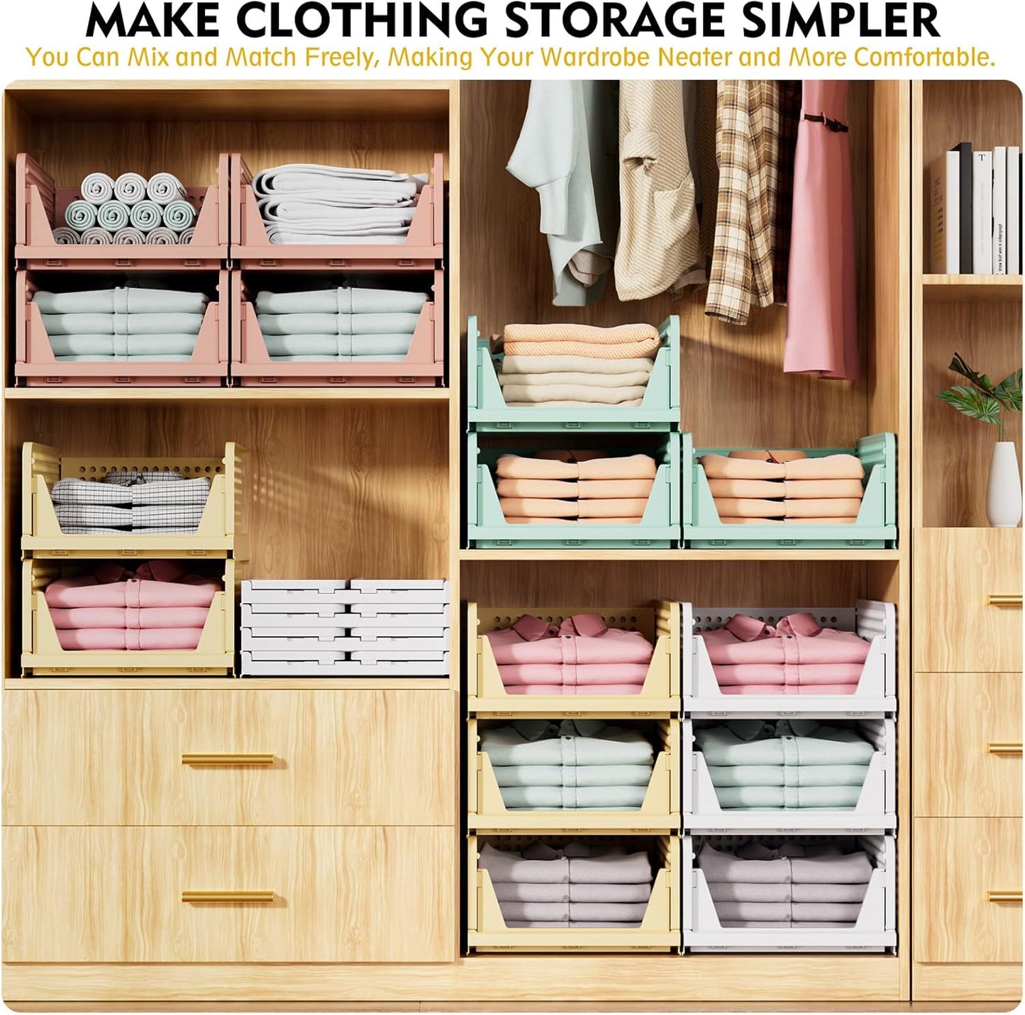 SNSLXH 8 Pack Stackable Closet Storage Bins, Multifunctional & Foldable Closet Organizers and Storage for Bathroom Kitchen Laundry Room Drawer Shelf Storage, Space-Saving Wardrobe Organizer, White