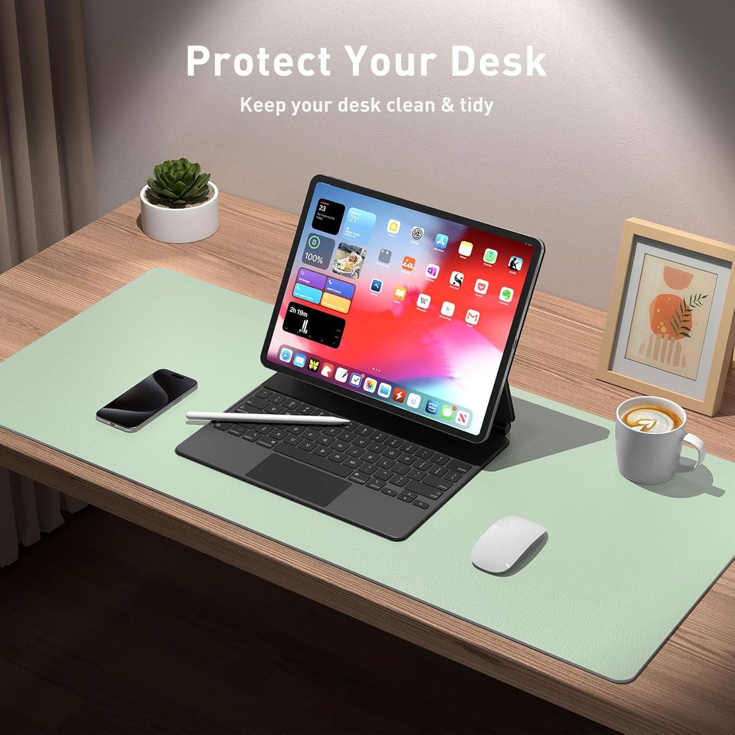 Aothia Large PU Leather Desk Pad Protector - Non-Slip Mouse Pad & Writing Mat for Office/Home, Waterproof, Easy to Clean (23.6" x 13.7", Aqua)