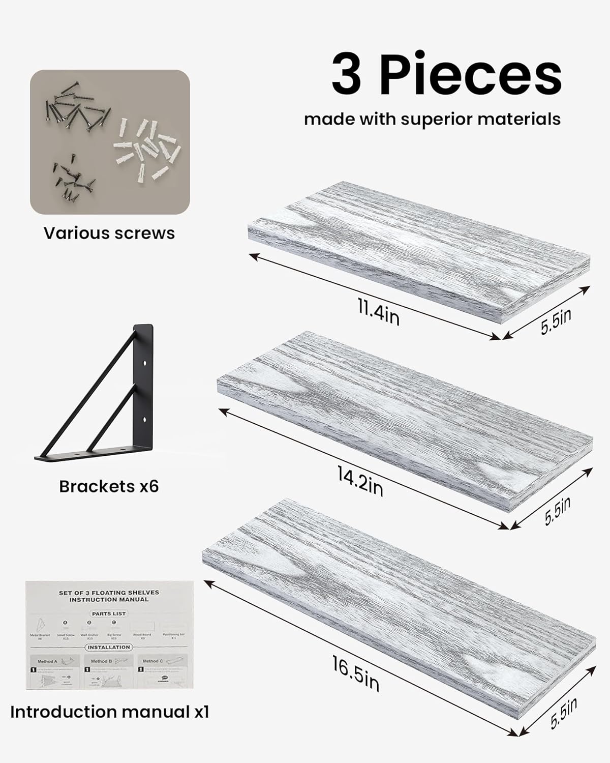 BAYKA Wall Shelves for Bedroom Decor, Floating Wall Shelves for Living Room Kitchen Storage, Mounted Rustic Wood Floating Shelves for Kids Books,Corner Shelves for Bathroom(Gray White，Set of 3)